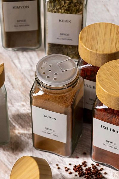 EG75 18 Pieces Bamboo Lid Glass Spice Rack Set (with 32 Labels as Gift)