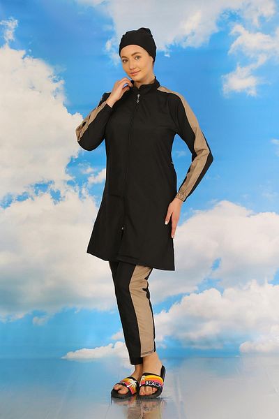 Celira Women's Full Hijab Swimsuit with Trousers and Sleeve Stripe Black 31065