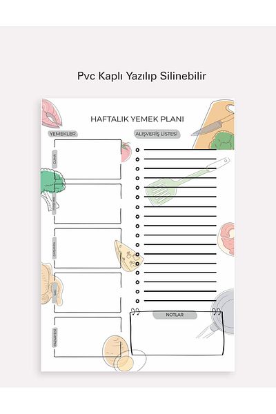 43 cici süsler organizasyon Weekly Meal Planner & Shopping List A4 Pvc Coated Writable & Erasable