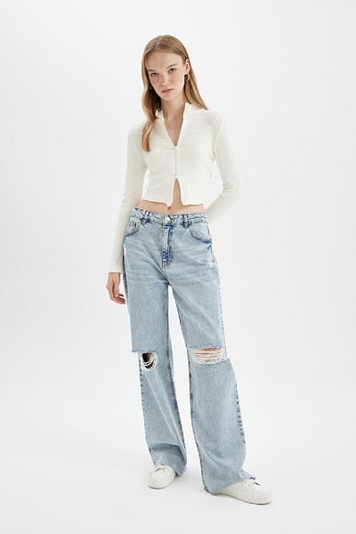 DeFacto Bílá košilka se šňůrou Crop Cardigan - stojáček, jednoduchý zip - D5124Ax24Au