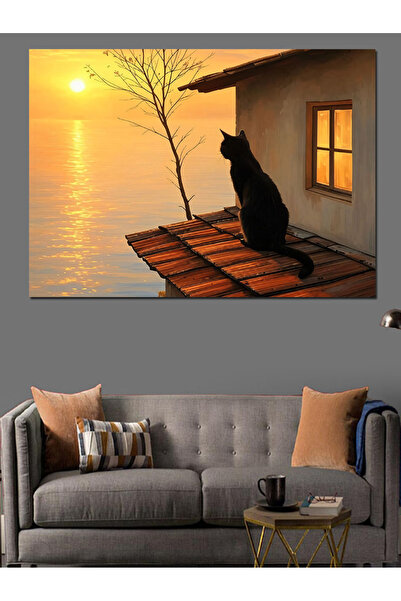 ekart Günbatımı ve Kedi Dekoratif Kanvas - Mdf Ahşap Tablo