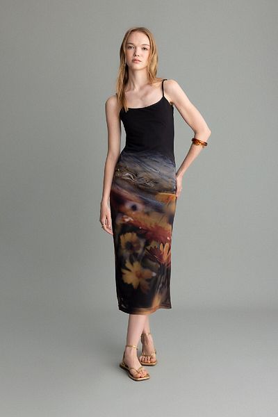 DeFacto Bodycon Body αγκαλιάζοντας λουράκι με μοτίβο τούλι λουράκι Maxi φόρεμα D5034ax24au
