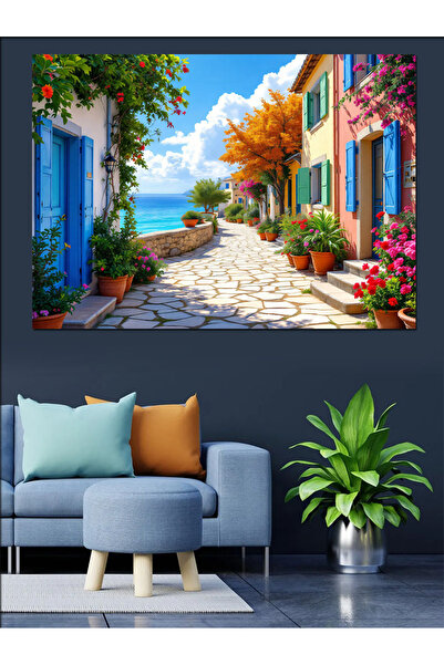 KanvasSepeti Pictură în ulei decorativă stradă mediteraneană colorată, textur...