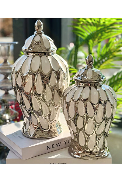 OBJE Lüks Beyaz & Gümüş Dekoratif Kapaklı Seramik Küp Seti