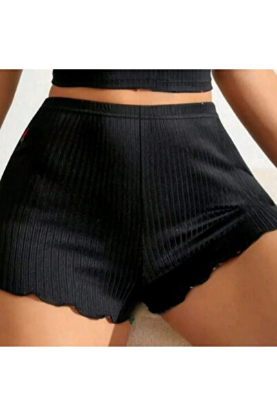 RUTBİL SPORTS Kadın Günlük Kısa Şort-Bikini Üstü Kısa Şort-Gecelik Şort-Fitilli Ev İçi Siyah Şort Boxer