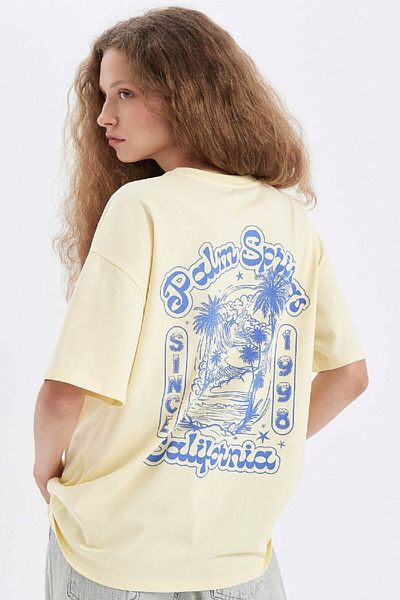 DeFacto Oversize Wide Fit Crew Neck Back Printed Short Sleeve T-Shirt D4929Ax24Au