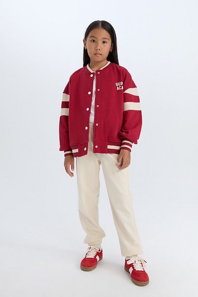 DeFacto Girl's Soft Feather Bomber Cardigan - College Collar, Printed, Snap Closure D4269A824Wn