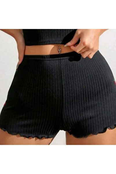 RUTBİL SPORTS Kadın Günlük Kısa Şort-Bikini Üstü Kısa Şort-Gecelik Şort-Fitilli Ev İçi Siyah Şort Boxer