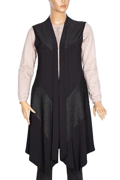 ModaMinar Women's Black Sandy Fabric Glitter Long Vest