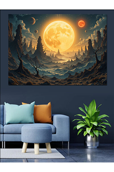 ekart Dolunaylı Dağ Manzarası Dekoratif Kanvas - Mdf Ahşap Tablo