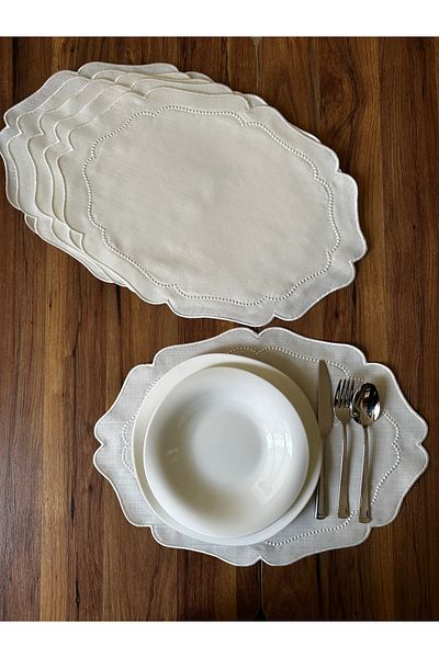 NURHAN HOME COLLECTION 6 Pieces Pearl Grain Embroidered Ecru American Service Plate