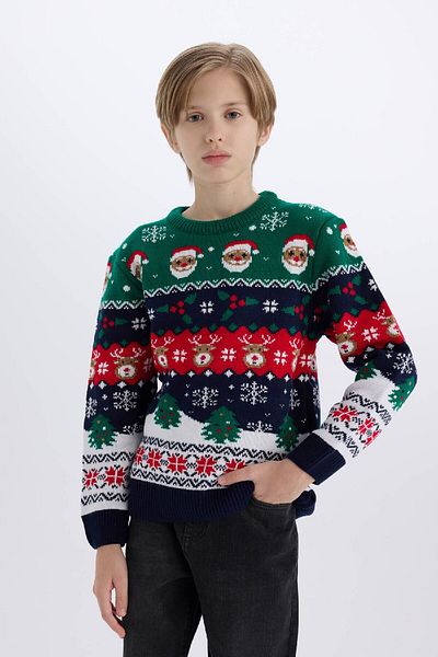 DeFacto Strickpullover für Jungen mit Neujahrsmotiv und Rundhalsausschnitt B2246A824CW