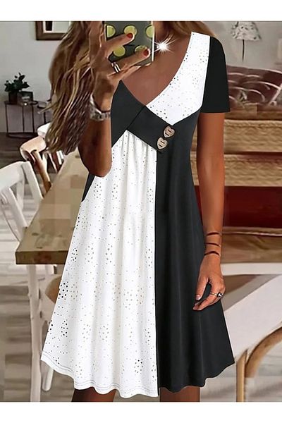 COTTONLAB Rochie de damă cu mânecă scurtă, cu decolteu în V, cu broderie de culoare contrastantă, plus rochie din viscoză