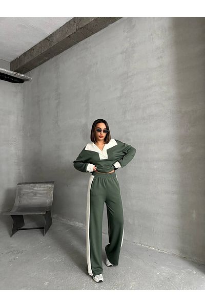 VESS MODA Women's Premium Quality Stripe and Snap Detailed Modal Fabric Bottom Top Tracksuit Set