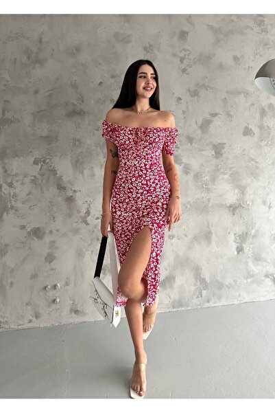 LUXLIGHT Kadın Bürümcük Kumaş Çiçek Desenli Yırtmaçlı Uzun Elbise