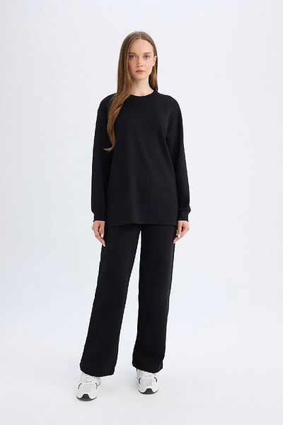 DeFacto Regular Fit Crew Neck Basic Plain Black Sweatshirt Tunic 3168677