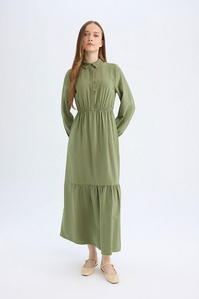 DeFacto Maxikleid mit Hemdkragen – gerader Knopf, geraffte Taille, lange Ärmel D5851ax24au