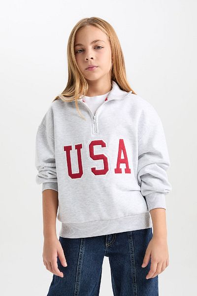 DeFacto Girls Soft Feather Printed Sweatshirt - Relax Fit, Half Zip D4273A824Wn