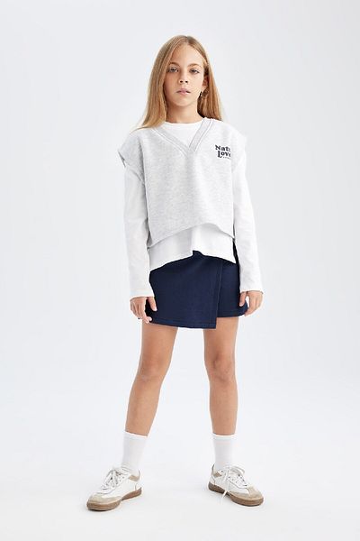 DeFacto 3 Piece Set for Girls: Printed Sweater, Long Sleeve T-Shirt, Basic Solid Shorts