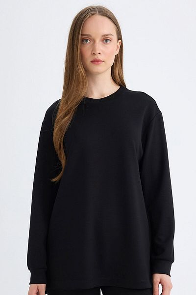 DeFacto Regular Fit Crew Neck Basic Plain Black Sweatshirt Tunic 3168677