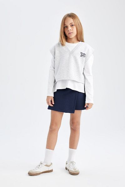 DeFacto 3 Piece Set for Girls: Printed Sweater, Long Sleeve T-Shirt, Basic Solid Shorts