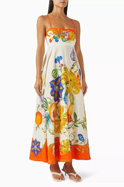 Stil Sepeti Rochie maxi pentru femei, cu guler pătrat, cu bretele portocalii, cu buzunare multicolore ASP- 1000702419