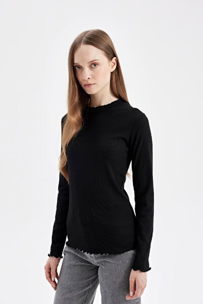 DeFacto Schwarzes Basic-T-Shirt mit halbem Rollkragen, geripptem Camisole-Essential, einfarbig, langärmlig, B2389ax24au