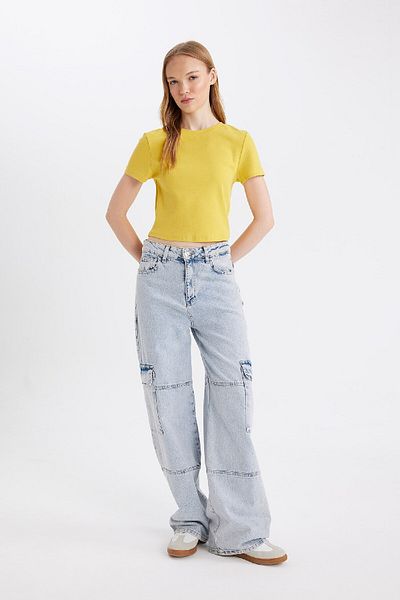 DeFacto Coool Fitted Crew Neck Rib Basic Plain Short Sleeve T-Shirt T9631Az24Au