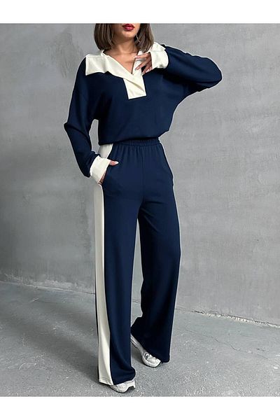 VESS MODA Women's Premium Quality Stripe and Snap Detailed Modal Fabric Bottom Top Tracksuit Set