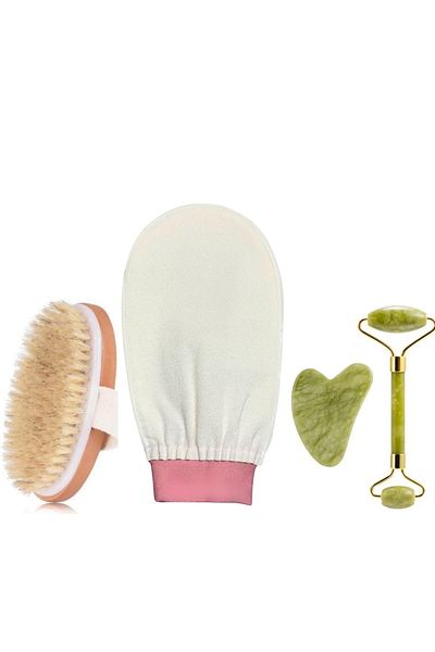 SYN AKSESUAR Set of 3 Bath Shower Scrub Exfoliating Glove, Natural Horsehair Brush 100% Natural Stone Facial Care Stone