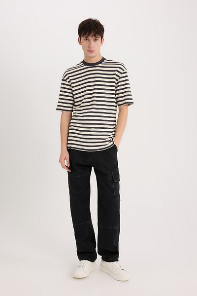 DeFacto Boxy Fit Crew Neck Striped Short Sleeve Heavy Fabric T-Shirt B5910Ax25Sp