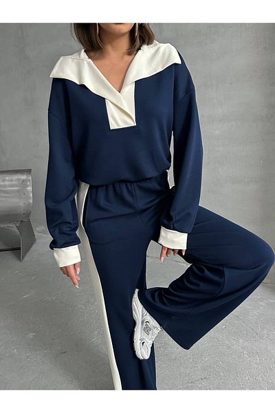 VESS MODA Women's Premium Quality Stripe and Snap Detailed Modal Fabric Bottom Top Tracksuit Set