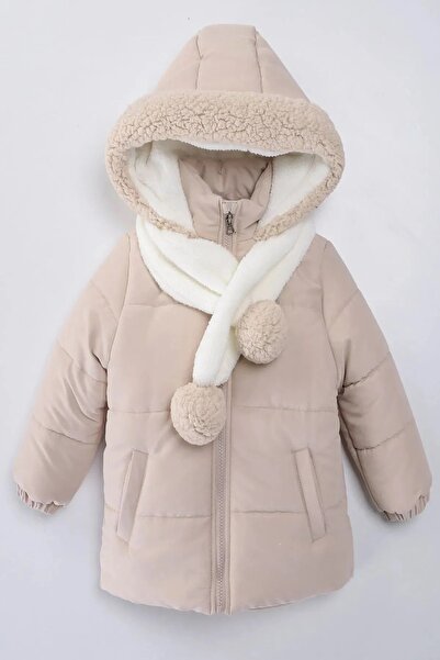 DeKuBaby YENİ SEZON İçi Kürklü Cepli Kapüşonu Varaklı Kaşkolu PonPonlu Kışlık Çocuk Kaban-Mont