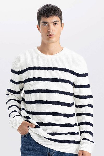 DeFacto Standard Fit Regular Cut Crew Neck Striped Knitwear Sweater B0546Ax24Wn