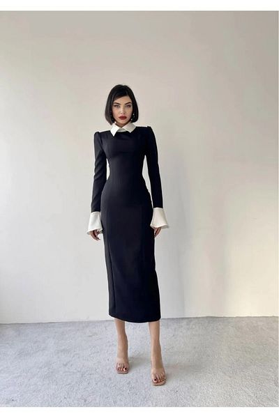 SONREİR BLACK Ruffled Peter Pan COLLAR PEARL BUTTON DETAIL MIDI DRESS