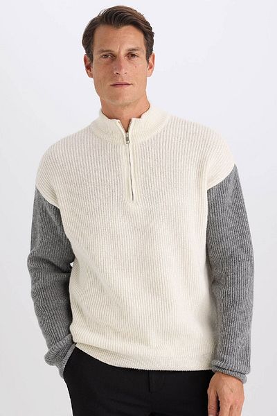 DeFacto Relax Fit Farbblock-Strickpullover mit Stehkragen und halbem Reißverschluss Y0623AZ24AU