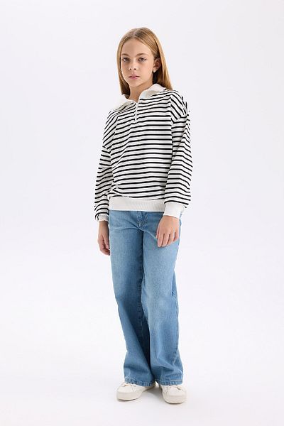 DeFacto Oversize Girl's Striped Sweatshirt - Half Zip, Wide Fit D2883A824Wn