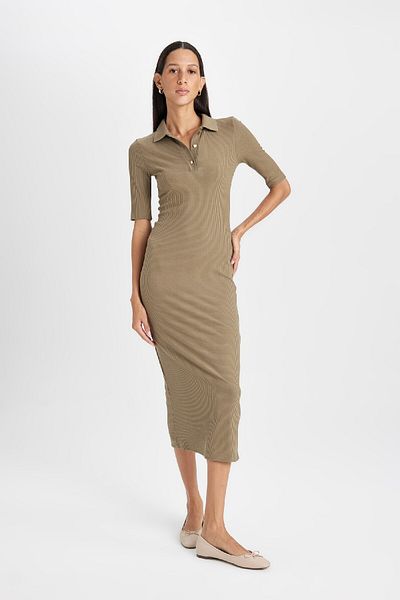 DeFacto Polo Neck Ribbed Camisole Midi Dress - Half Sleeve, Buttoned, Bodycon C2882Ax24Au