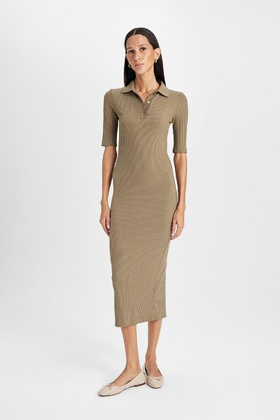 DeFacto Polo Neck Ribbed Camisole Midi Dress - Half Sleeve, Buttoned, Bodycon C2882Ax24Au