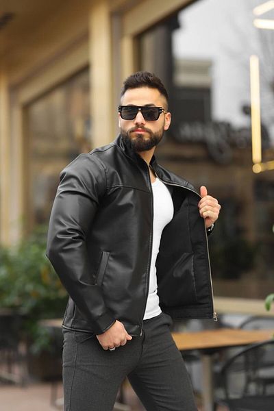 BASEL.CO Ανδρικό μαύρο Premium Stand Collar Slim Fit Δερμάτινο μπουφάν
