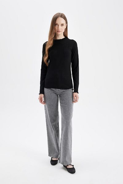 DeFacto Schwarzes Basic-T-Shirt mit halbem Rollkragen, geripptem Camisole-Essential, einfarbig, langärmlig, B2389ax24au