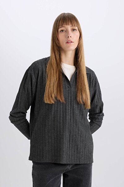 DeFacto Antrasit Relax Fit Polo Yaka Casual Fitilli Kaşkorse Uzun Kollu Tişört B2404ax24au
