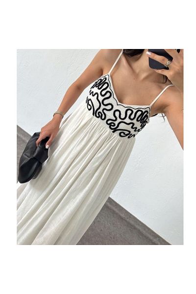 BRGCLOTHING Rochie lungă cu bretele brodate cu design de in premium și halat la piept