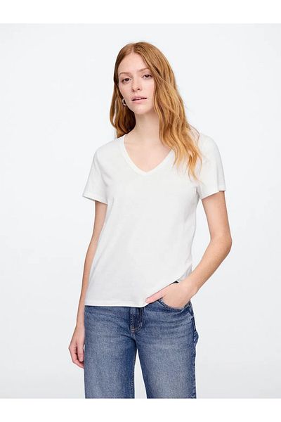 GAP Tricou alb din bumbac cu decolteu în V pentru femei