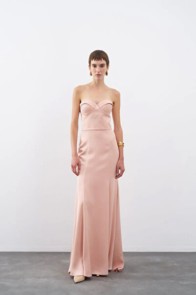 cercis Straplez Göğüs Gloplu Uzun Abiye Elbise