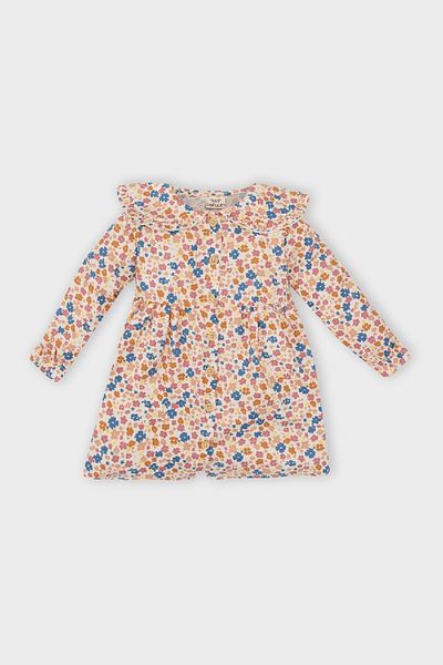 DeFacto Langärmliges Baby-Mädchen-Twill-Kleid mit Blumendruck und Rüschenkragen – D5962A524WN