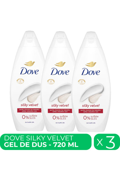 Dove Silky Velvet, gel de dus hidratant, 3 buc x 720 ml