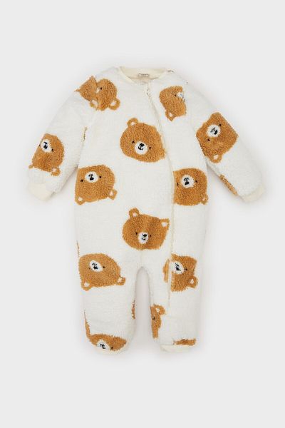 DeFacto Baby-Overall für Neugeborene mit Bärenmuster und Reißverschluss, langärmlig, Plüsch, D6029A524WN