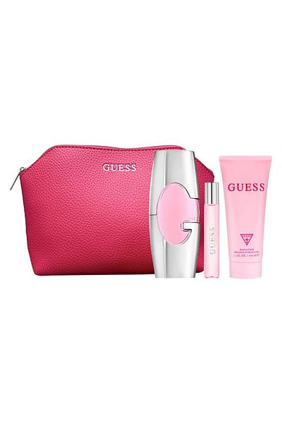 Guess Guess Pink Set For Women-- 75 ml Eau de Parfum-- 15 ml TRAVEL Spray-- 100 ml Body LotionWith Pouch