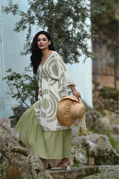 FASHION COCKTAIL Ring Oval Circle Pattern V-Neck Back Tie Breathable Fabric Long Bohemian Summer Vacation Dress